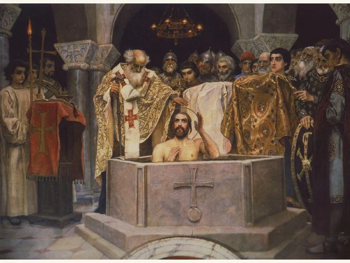 Prince Vladimir and clergy in a baptism scene.