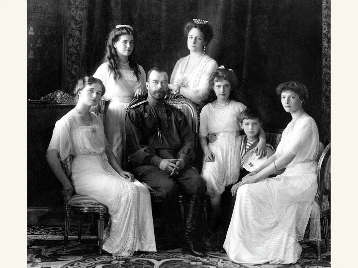 Nicholas II, Alexandra and their five children in a family photograph.