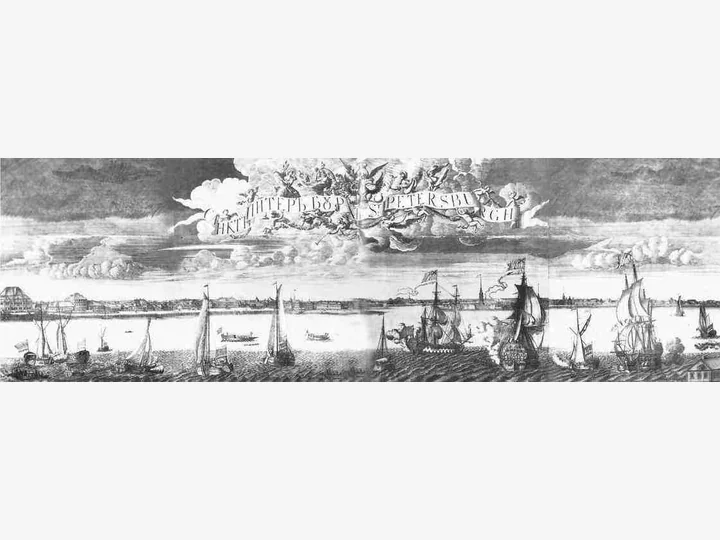 Engraved panorama of St Petersburg with ships on the Neva.