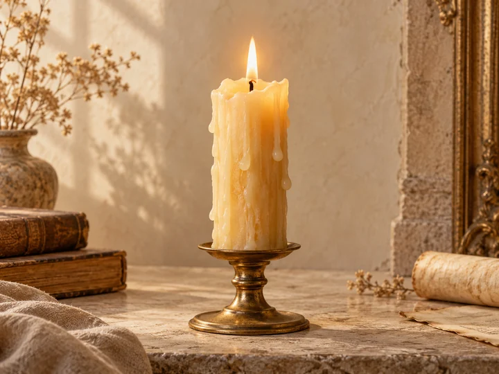 A burning wax candle with soft sculptural drips in a brass holder against a cream background.